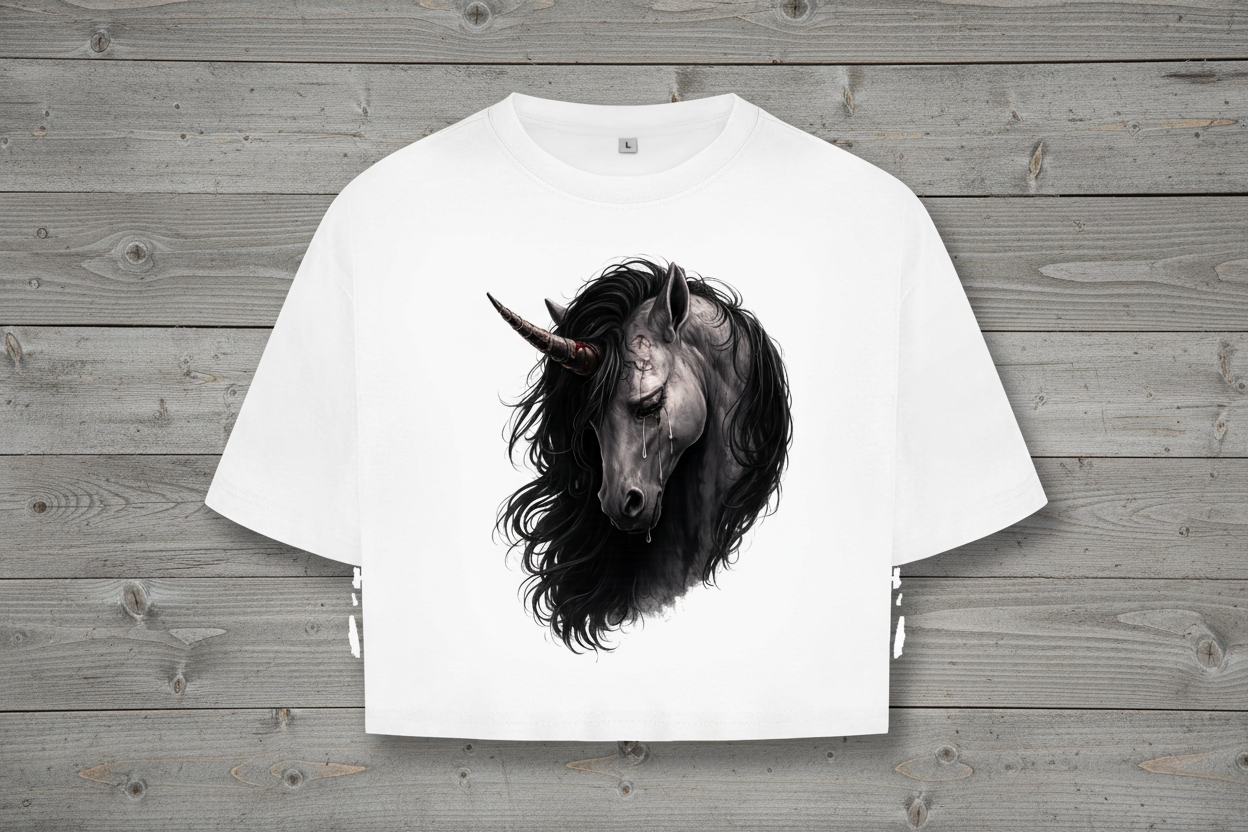 Damen Oversize Crop Top Einhorn in tiefem Schmerz