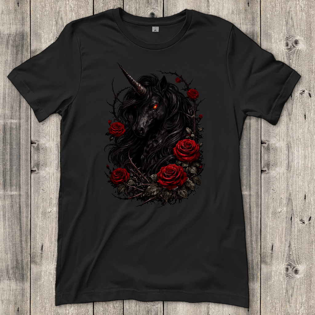 Damen T-Shirt Dämonisches Einhorn mit roten Rosen