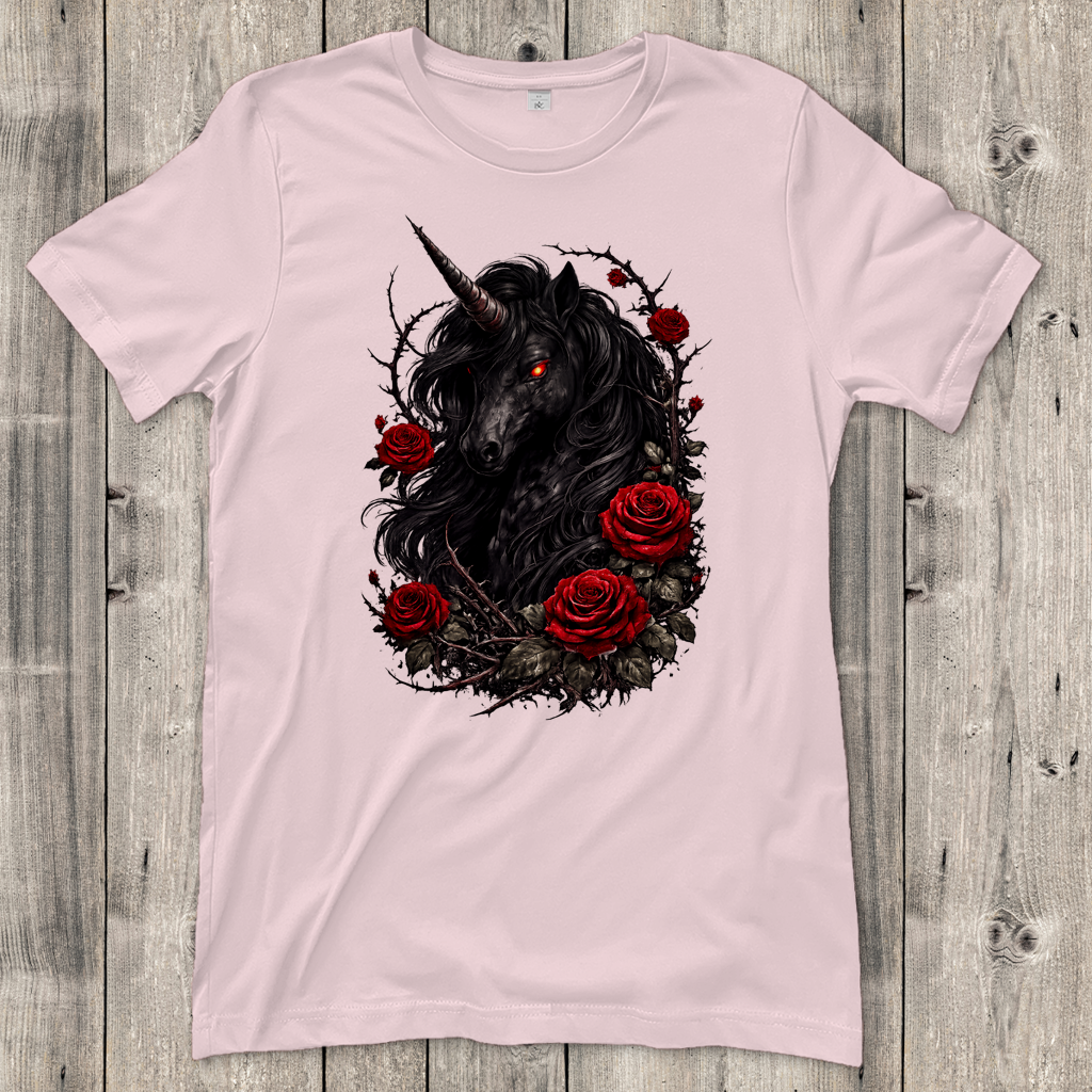 Damen T-Shirt Dämonisches Einhorn mit roten Rosen