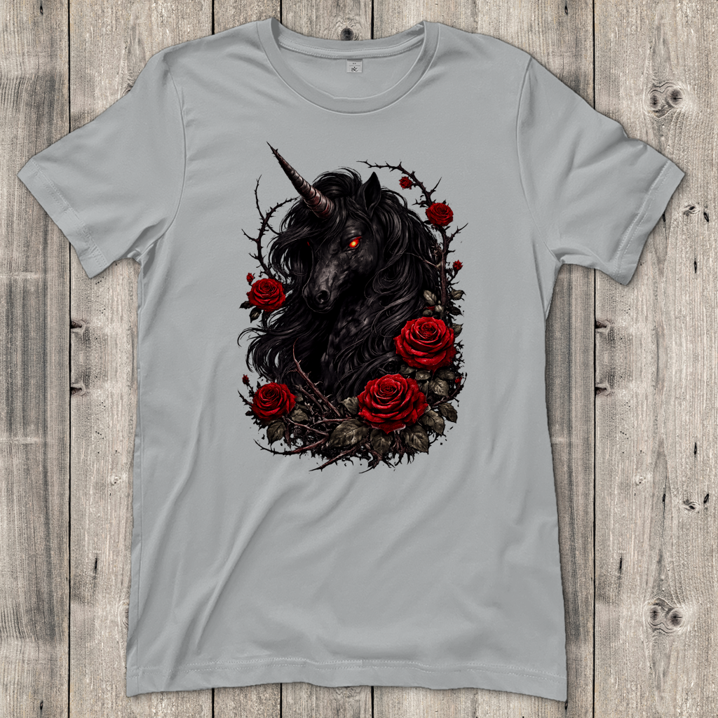 Damen T-Shirt Dämonisches Einhorn mit roten Rosen