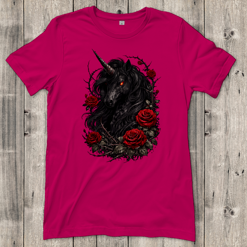 Damen T-Shirt Dämonisches Einhorn mit roten Rosen