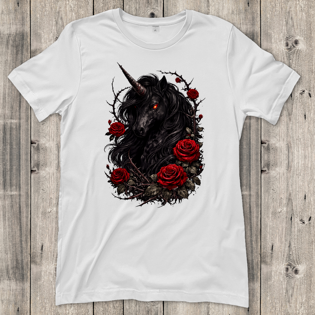 Damen T-Shirt Dämonisches Einhorn mit roten Rosen