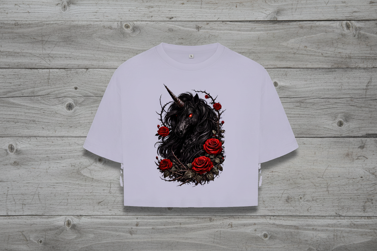 Damen Oversize Crop Top Dämonisches Einhorn mit roten Rosen
