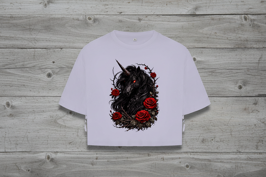 Damen Oversize Crop Top Dämonisches Einhorn mit roten Rosen