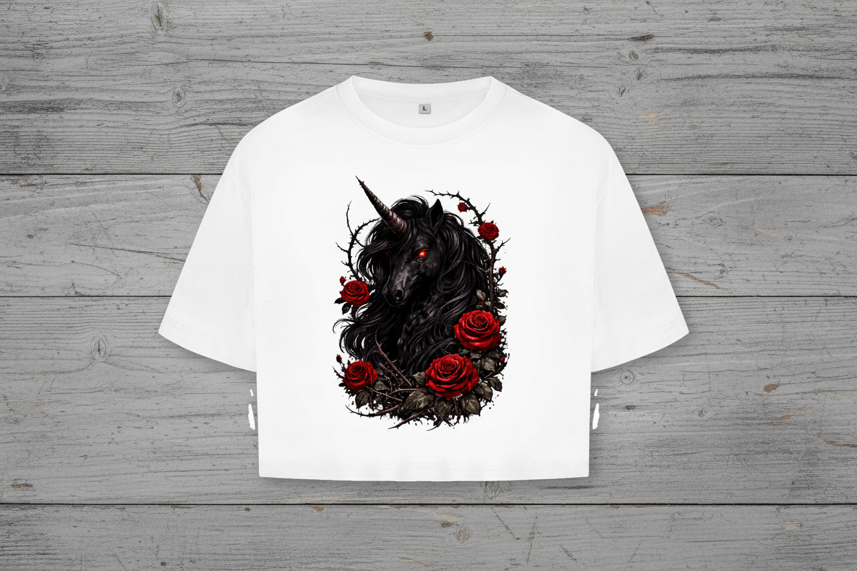 Damen Oversize Crop Top Dämonisches Einhorn mit roten Rosen