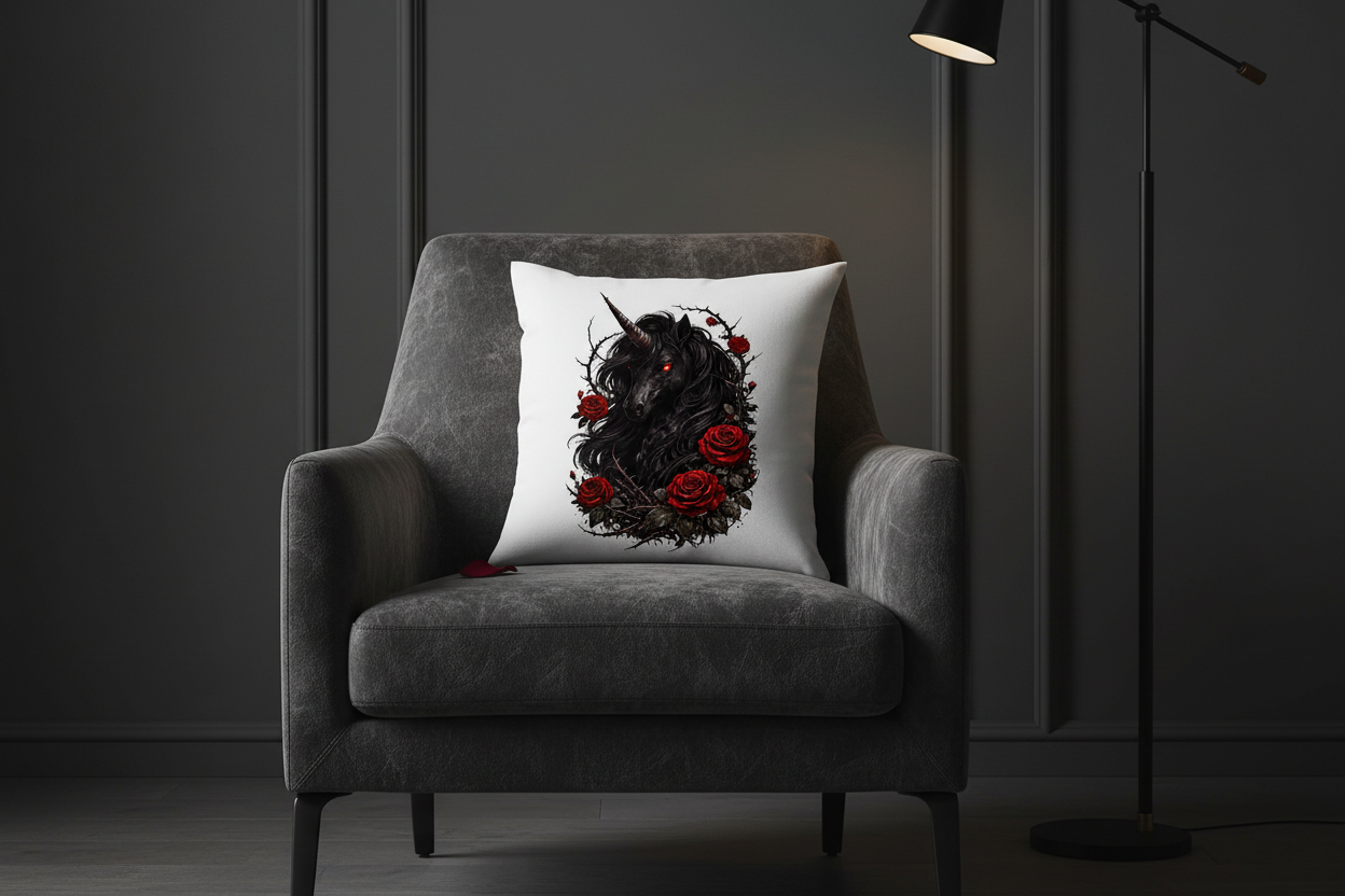 Kopfkissen Dämonisches Einhorn mit roten Rosen