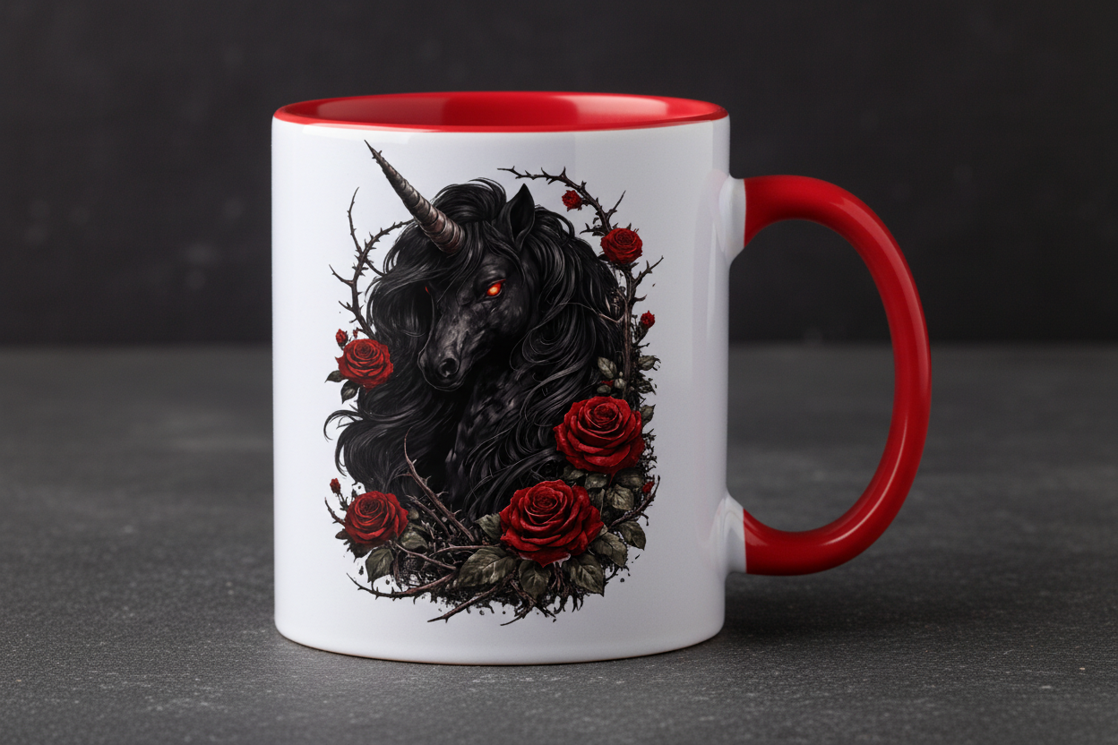 Tasse zweifarbig Dämonisches Einhorn mit roten Rosen