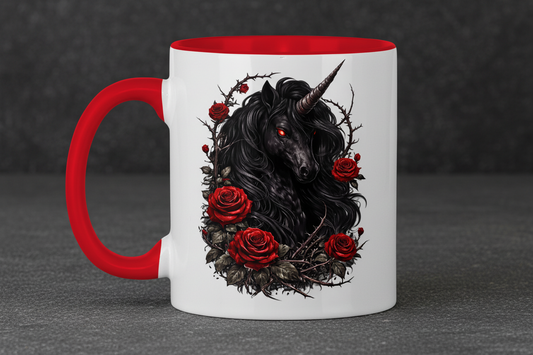 Tasse zweifarbig Dämonisches Einhorn mit roten Rosen