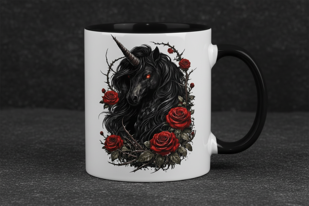 Tasse zweifarbig Dämonisches Einhorn mit roten Rosen