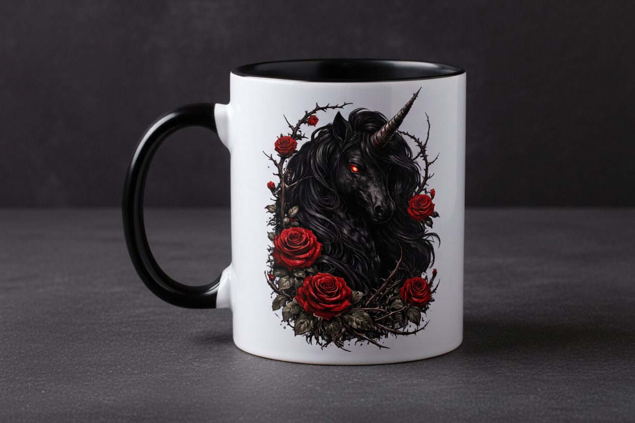 Tasse zweifarbig Dämonisches Einhorn mit roten Rosen