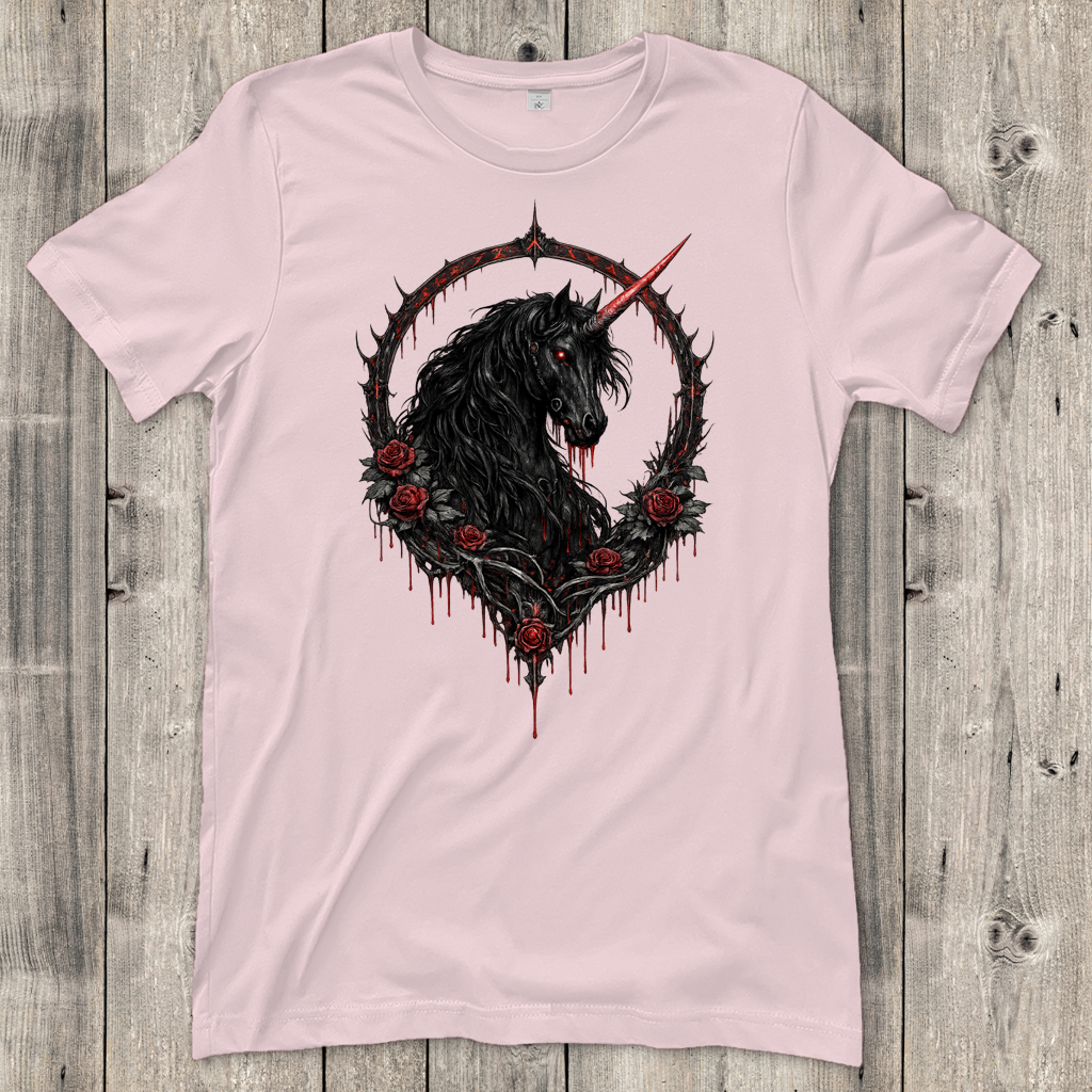 Damen T-Shirt Blutrote Rose und schwarzer Einhorn