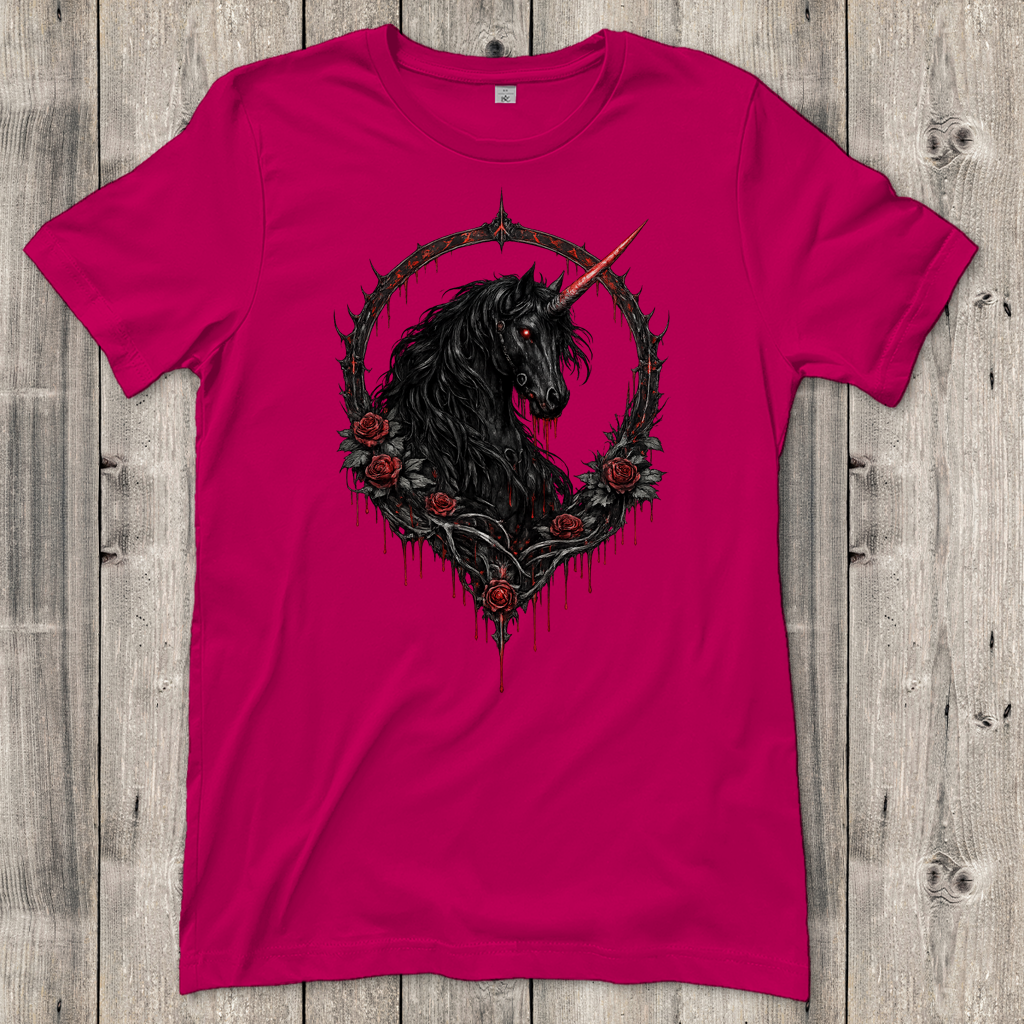 Damen T-Shirt Blutrote Rose und schwarzer Einhorn