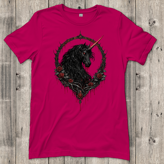 Damen T-Shirt Blutrote Rose und schwarzer Einhorn