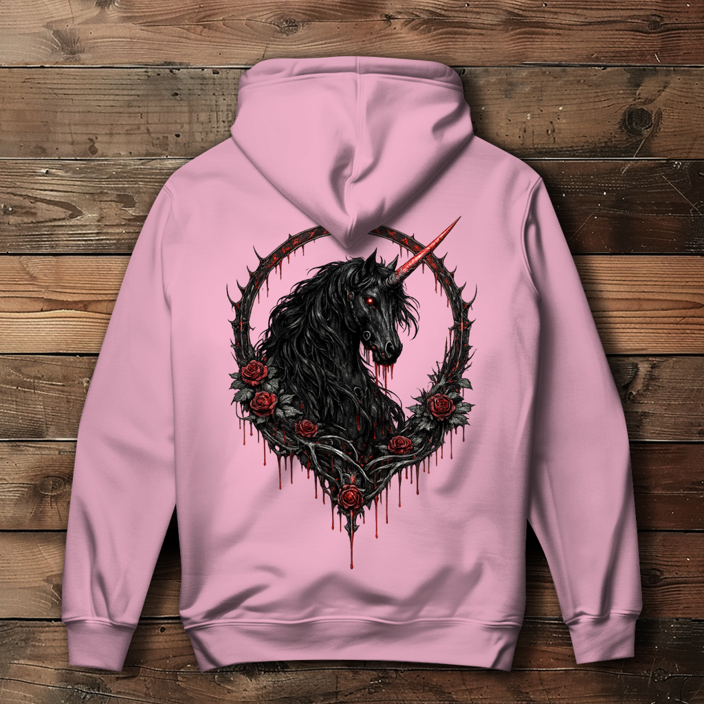 Damen Hoodie Blutrote Rose und schwarzer Einhorn