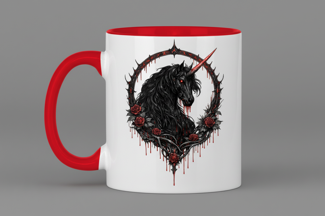Tasse zweifarbig Blutrote Rose und schwarzer Einhorn