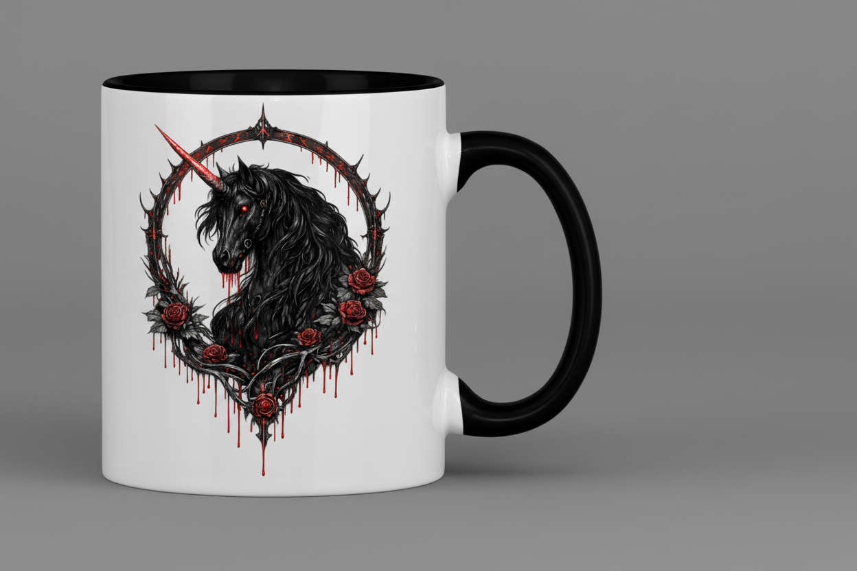 Tasse zweifarbig Blutrote Rose und schwarzer Einhorn