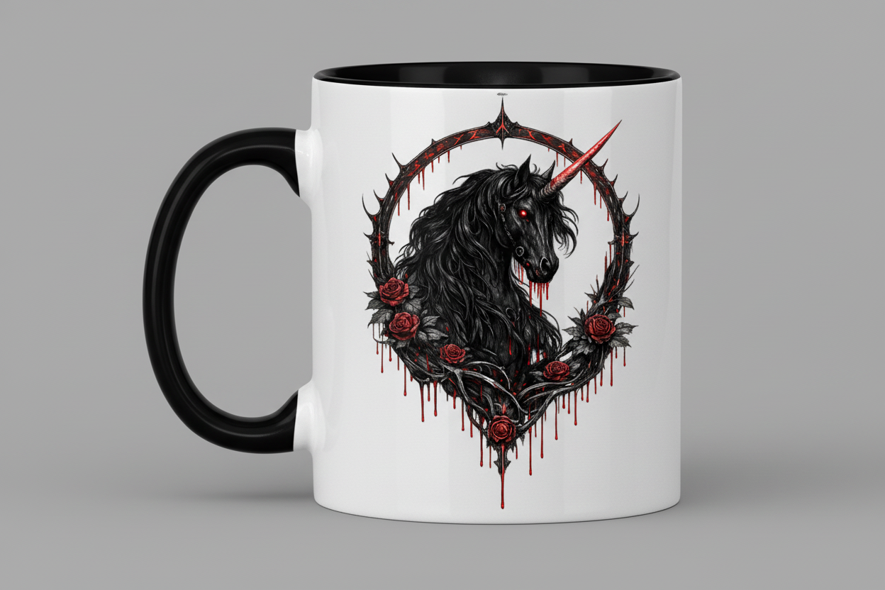 Tasse zweifarbig Blutrote Rose und schwarzer Einhorn
