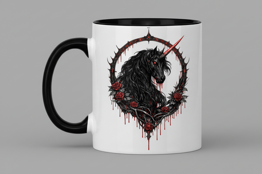 Tasse zweifarbig Blutrote Rose und schwarzer Einhorn