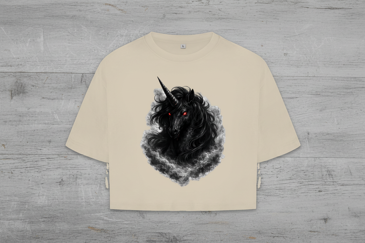 Damen Oversize Crop Top Dunkler Einhornfluch im Rauch