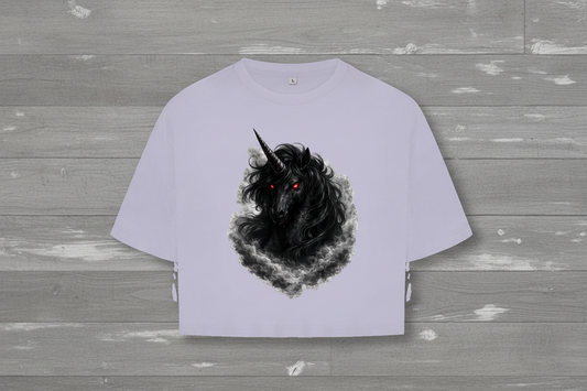 Damen Oversize Crop Top Dunkler Einhornfluch im Rauch