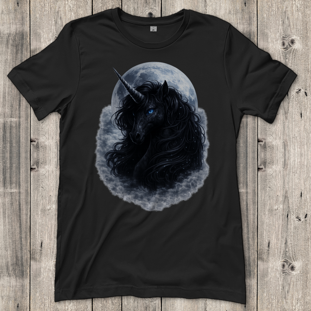 Damen T-Shirt Schwarzes Einhorn vor dem Mond