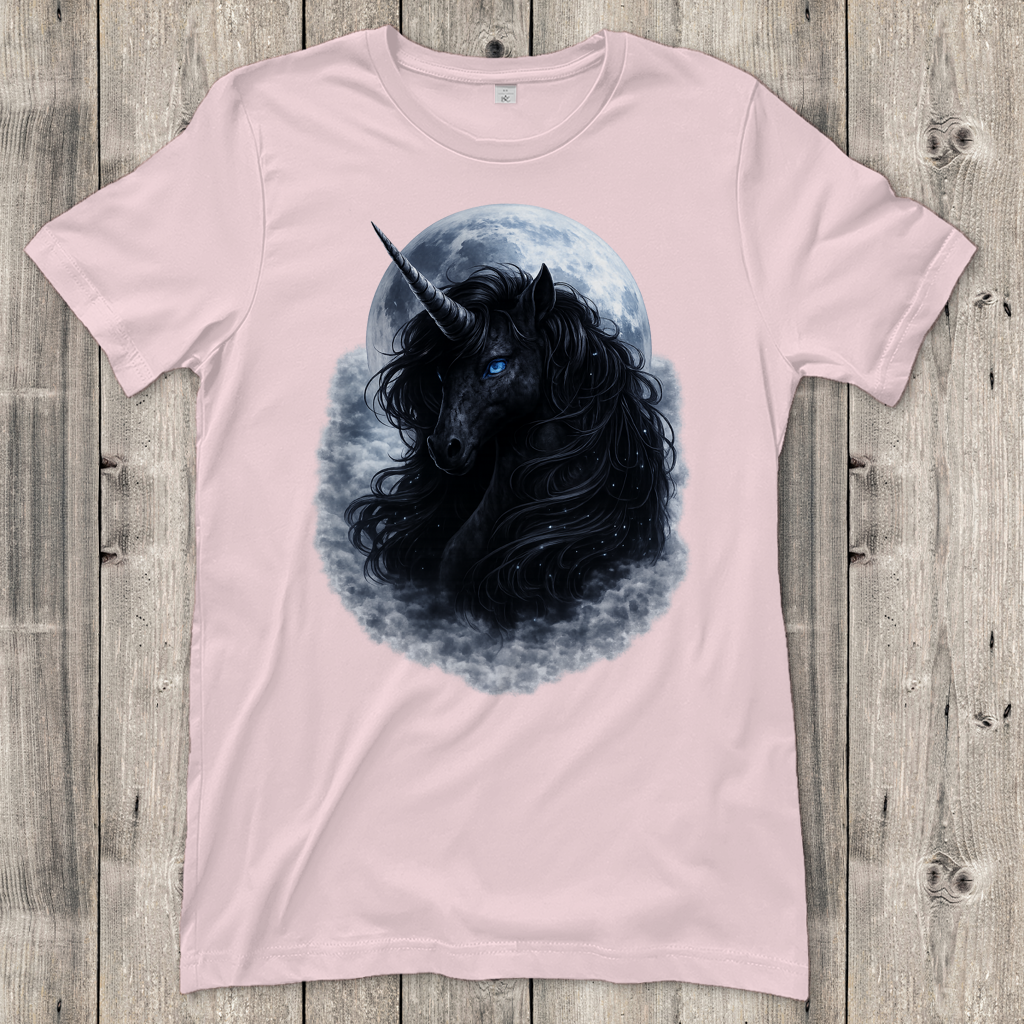 Damen T-Shirt Schwarzes Einhorn vor dem Mond