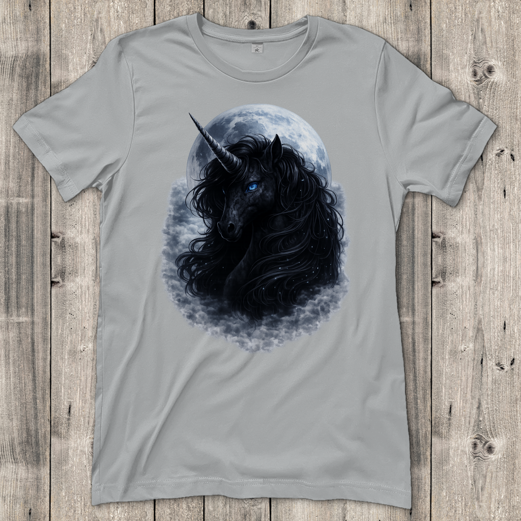 Damen T-Shirt Schwarzes Einhorn vor dem Mond