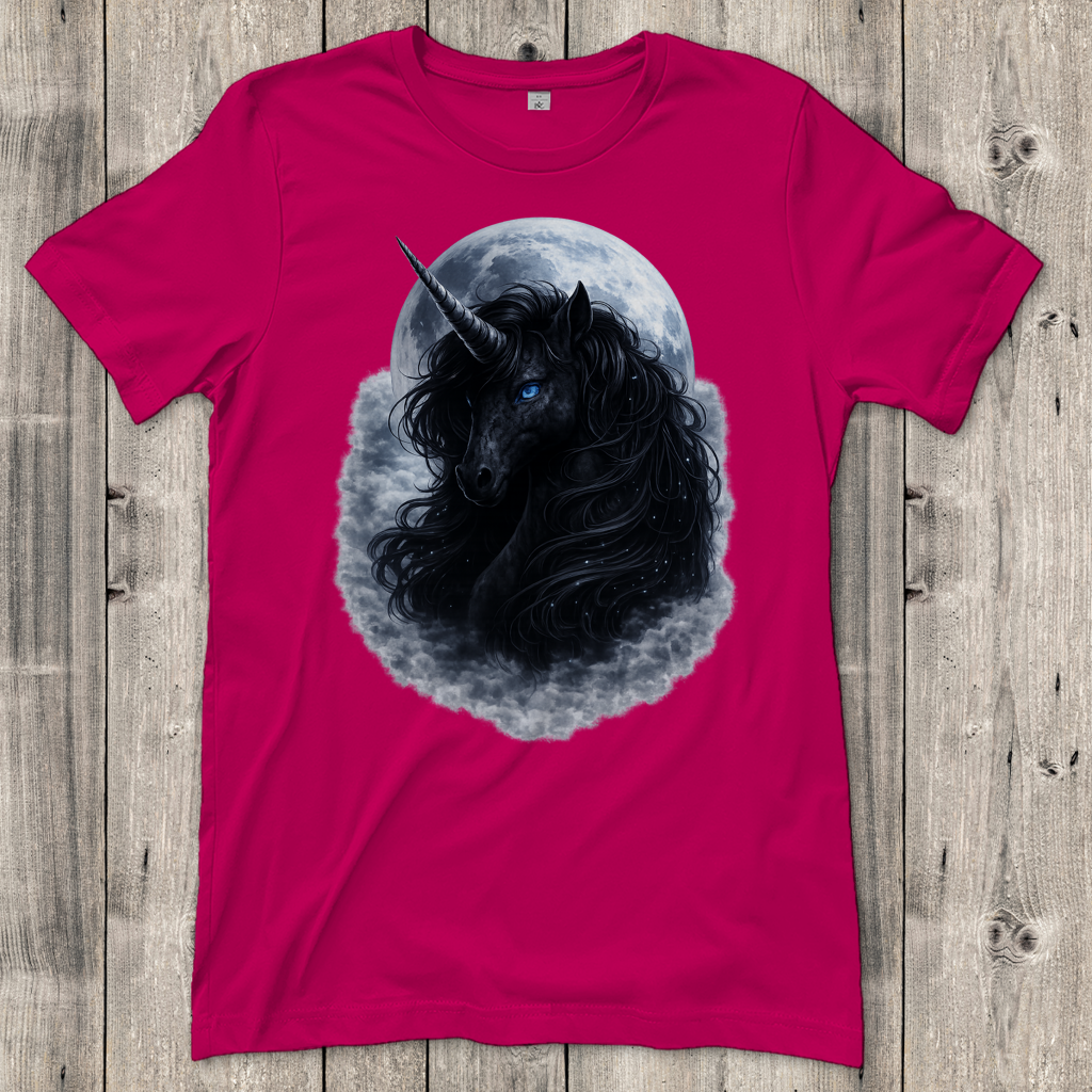 Damen T-Shirt Schwarzes Einhorn vor dem Mond