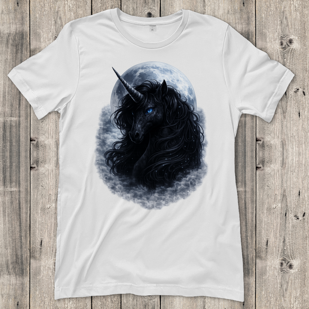 Damen T-Shirt Schwarzes Einhorn vor dem Mond