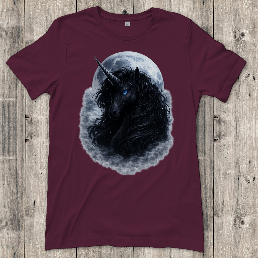 Damen T-Shirt Schwarzes Einhorn vor dem Mond