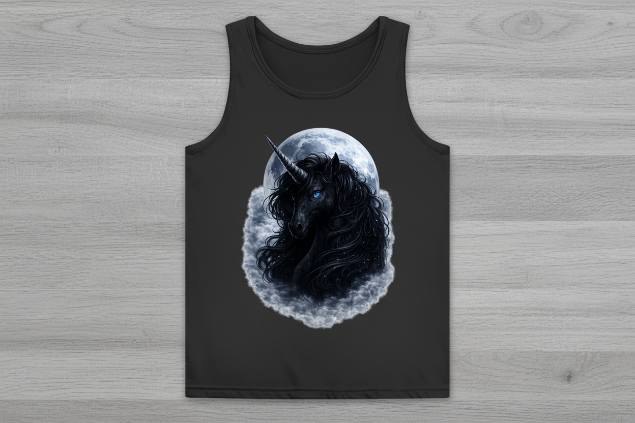 Damen Basic Tank Top Schwarzes Einhorn vor dem Mond