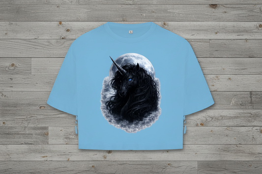 Damen Oversize Crop Top Schwarzes Einhorn vor dem Mond