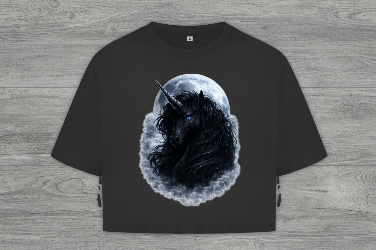 Damen Oversize Crop Top Schwarzes Einhorn vor dem Mond