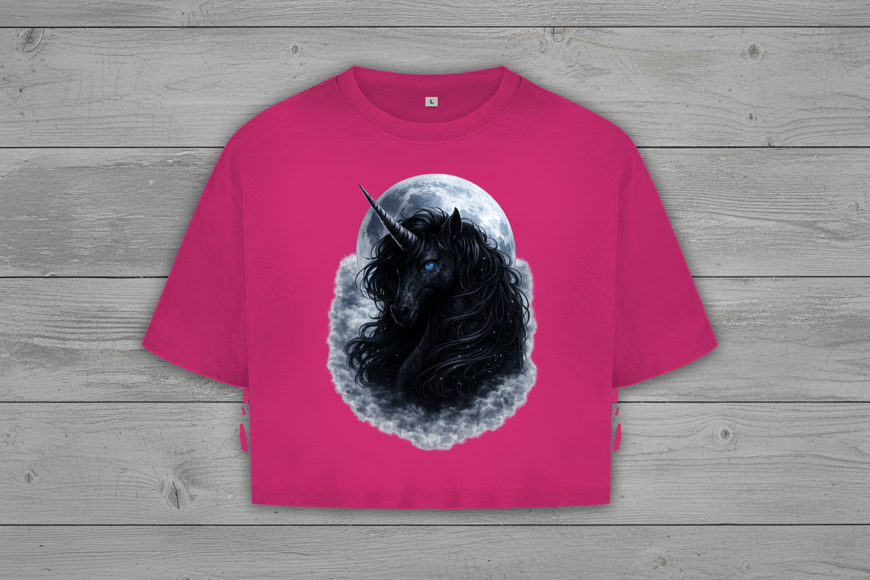 Damen Oversize Crop Top Schwarzes Einhorn vor dem Mond