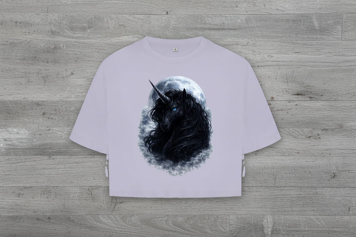 Damen Oversize Crop Top Schwarzes Einhorn vor dem Mond