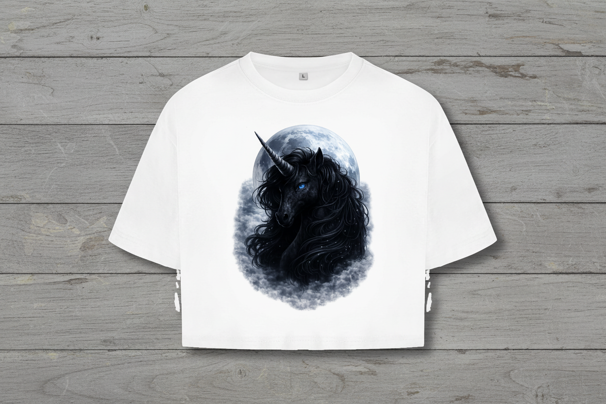 Damen Oversize Crop Top Schwarzes Einhorn vor dem Mond