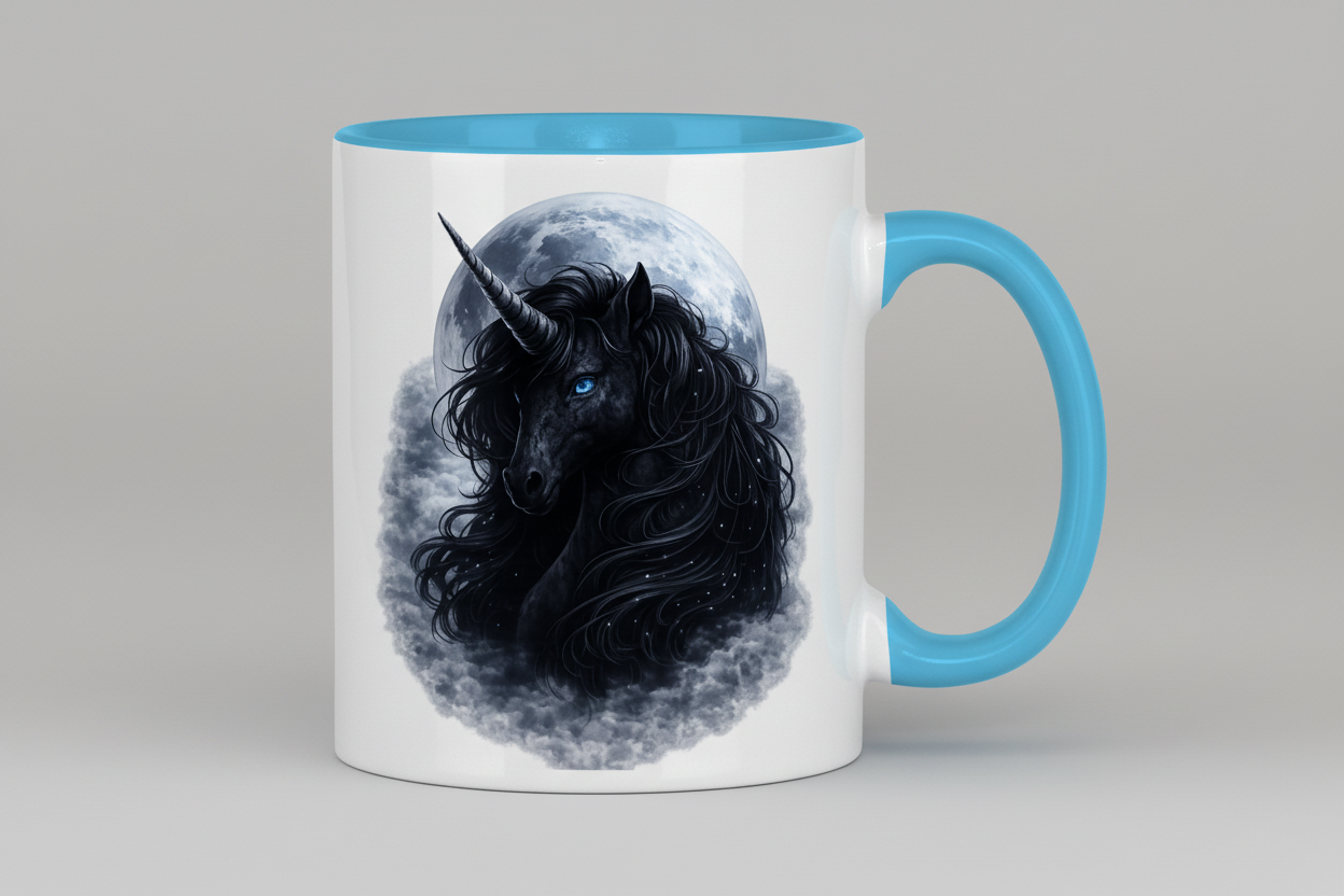 Tasse zweifarbig Schwarzes Einhorn vor dem Mond