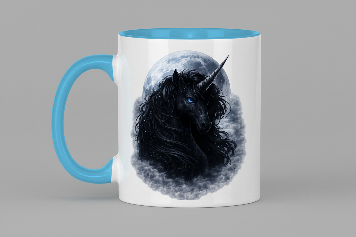 Tasse zweifarbig Schwarzes Einhorn vor dem Mond