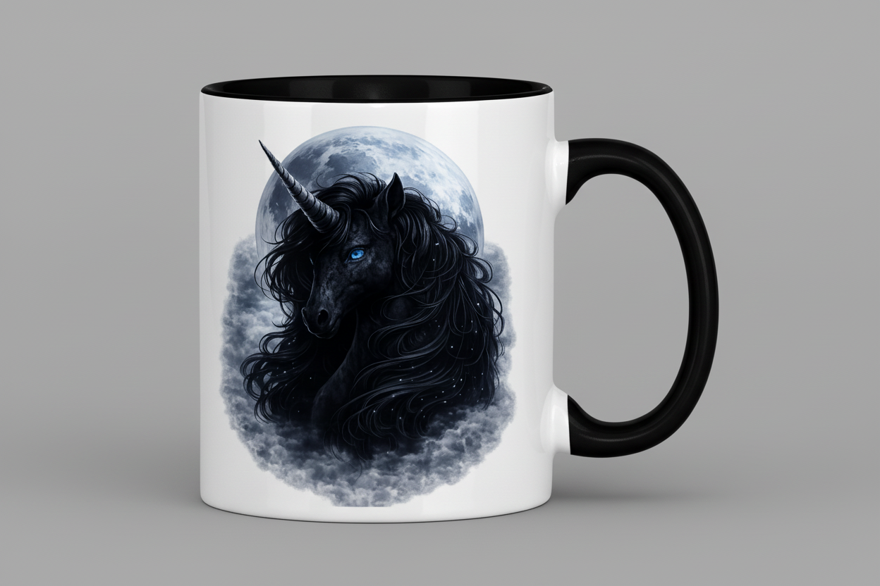 Tasse zweifarbig Schwarzes Einhorn vor dem Mond