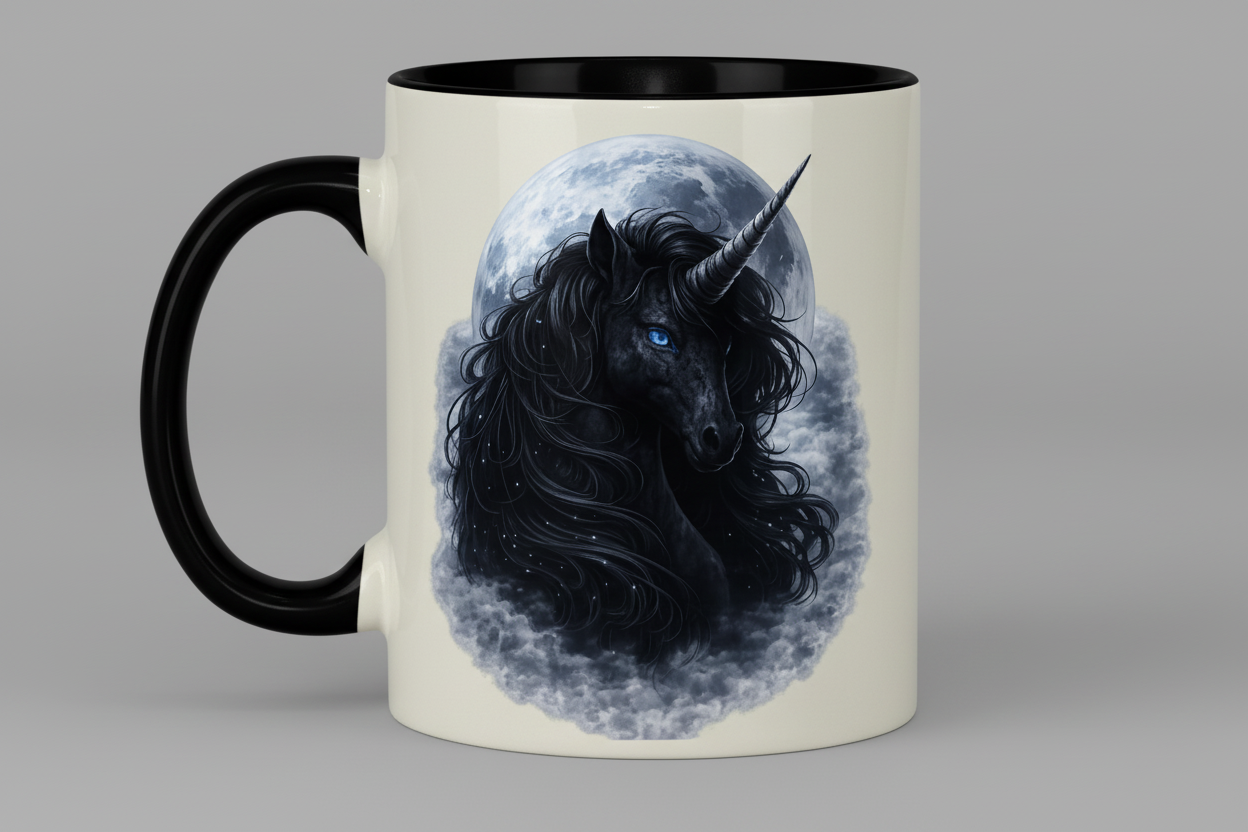 Tasse zweifarbig Schwarzes Einhorn vor dem Mond