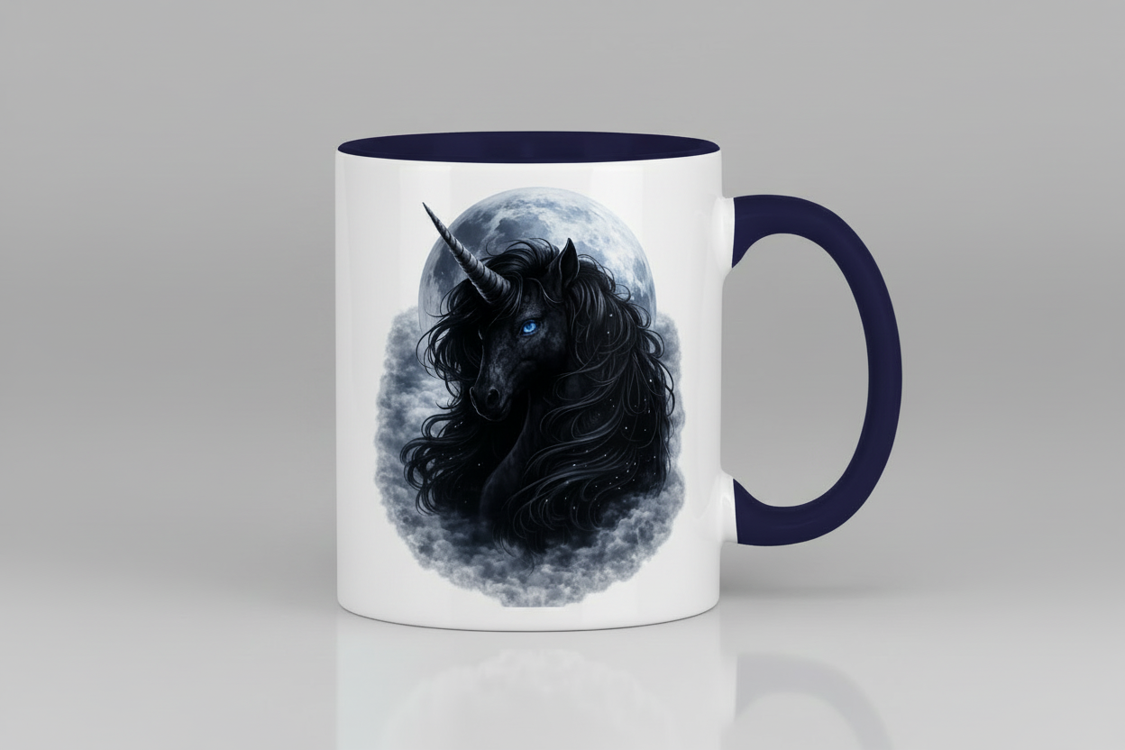 Tasse zweifarbig Schwarzes Einhorn vor dem Mond