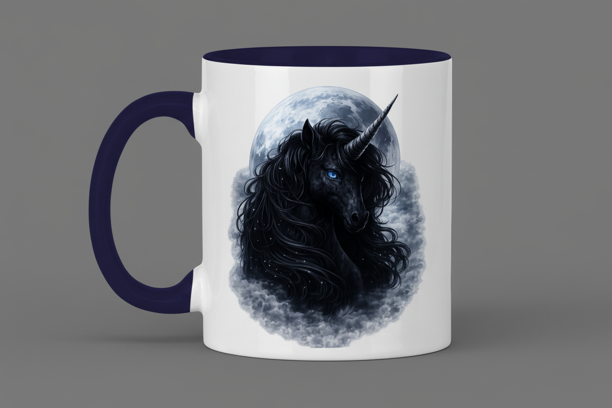 Tasse zweifarbig Schwarzes Einhorn vor dem Mond