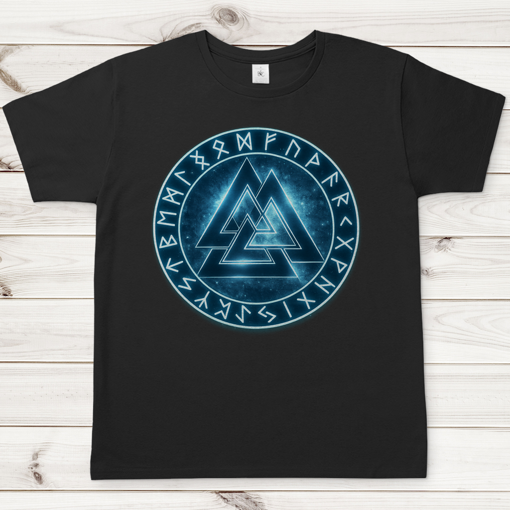 Herren T-Shirt Blauer Valknut mit Runenkreis