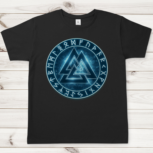 Herren T-Shirt Blauer Valknut mit Runenkreis