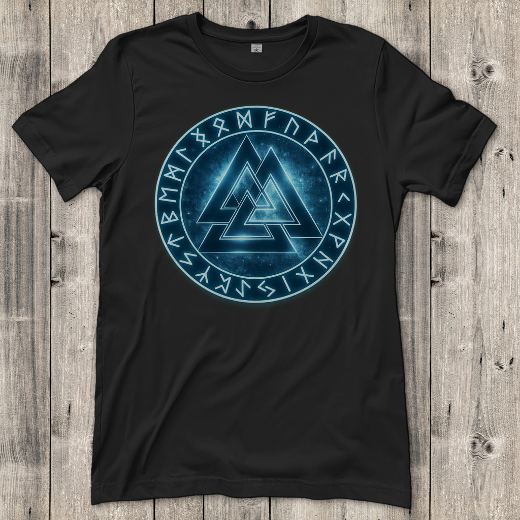 Damen T-Shirt Blauer Valknut mit Runenkreis