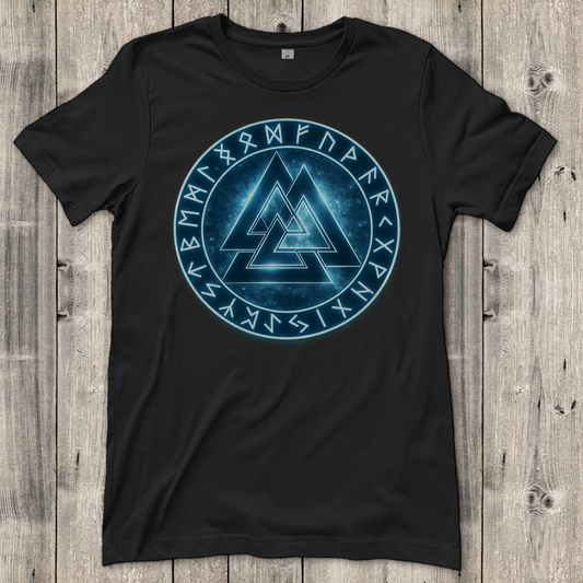 Damen T-Shirt Blauer Valknut mit Runenkreis