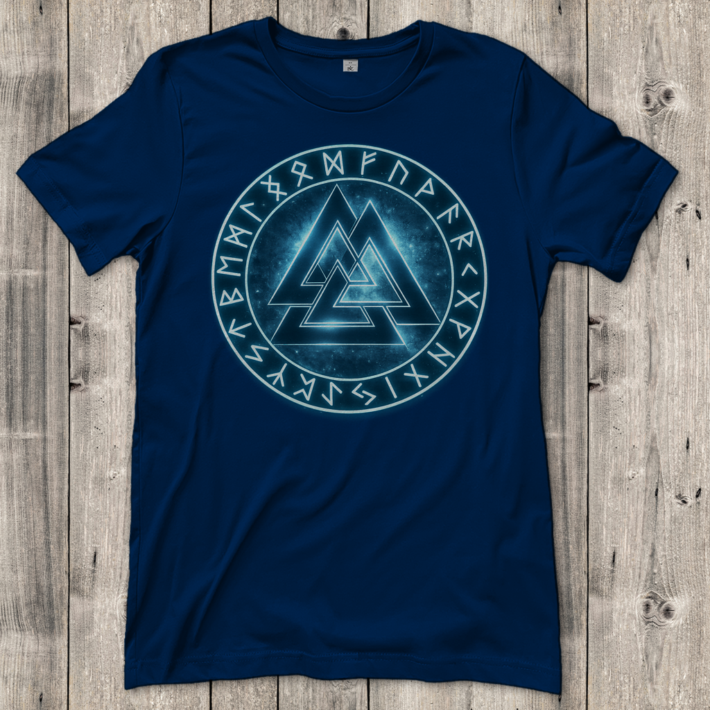 Damen T-Shirt Blauer Valknut mit Runenkreis