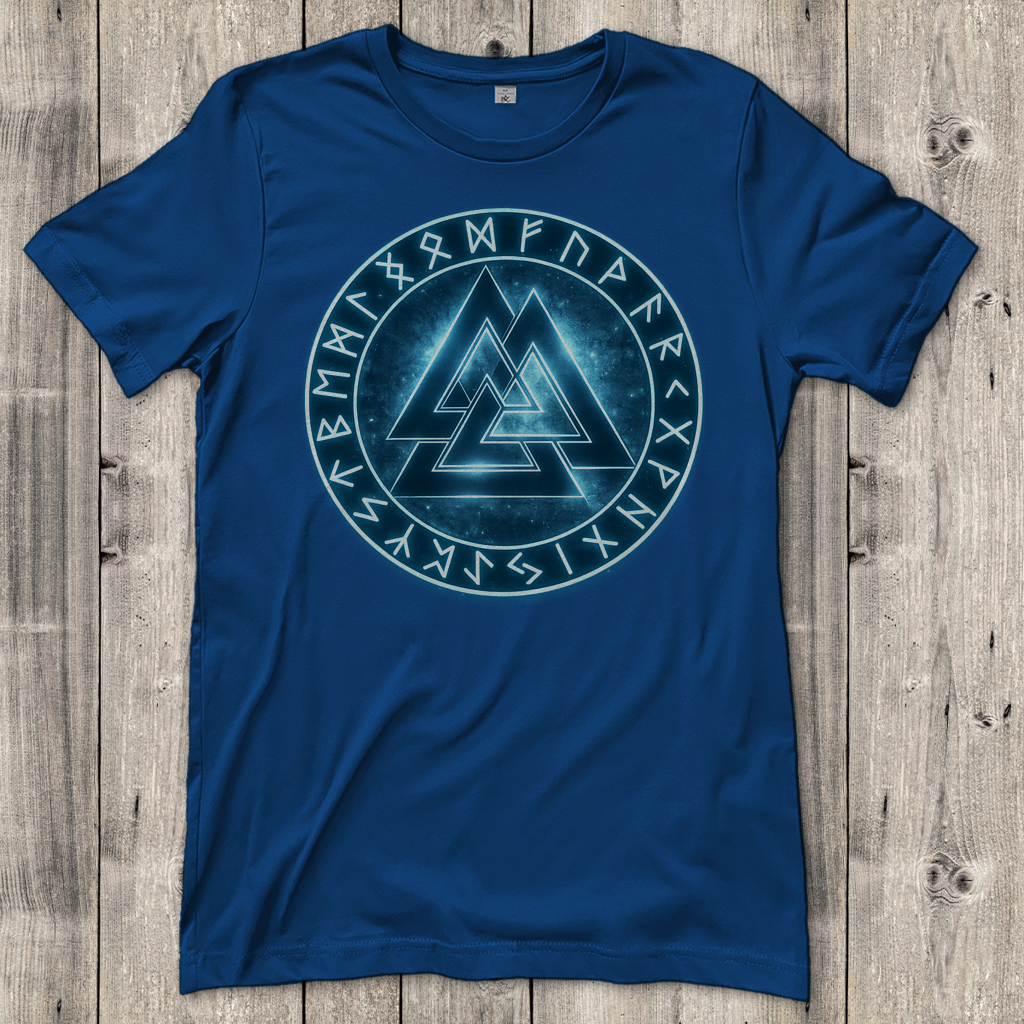 Damen T-Shirt Blauer Valknut mit Runenkreis