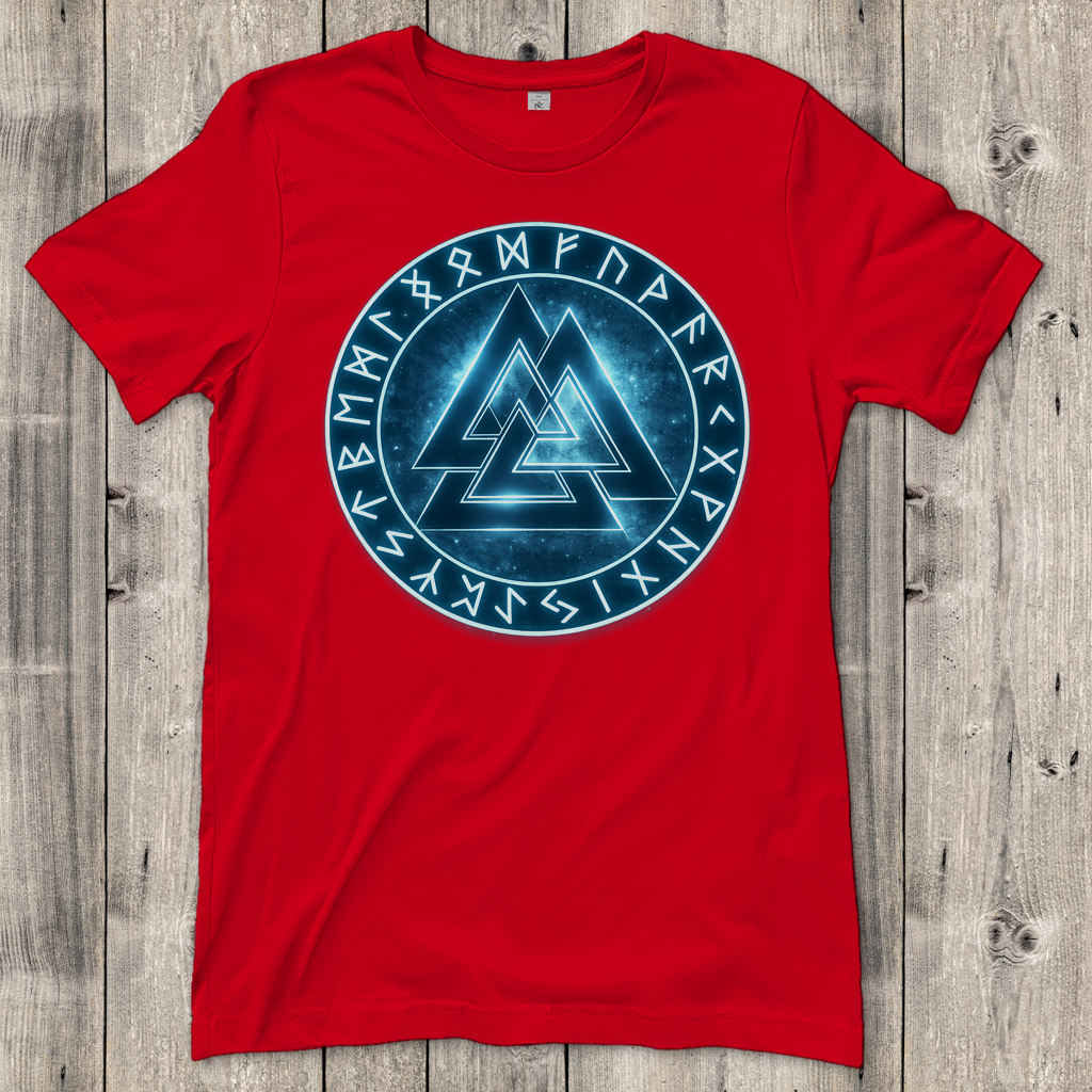 Damen T-Shirt Blauer Valknut mit Runenkreis