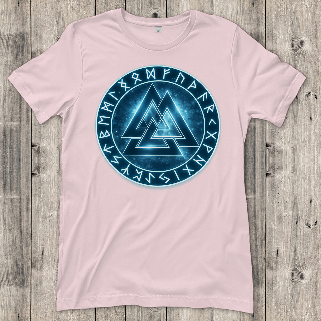 Damen T-Shirt Blauer Valknut mit Runenkreis